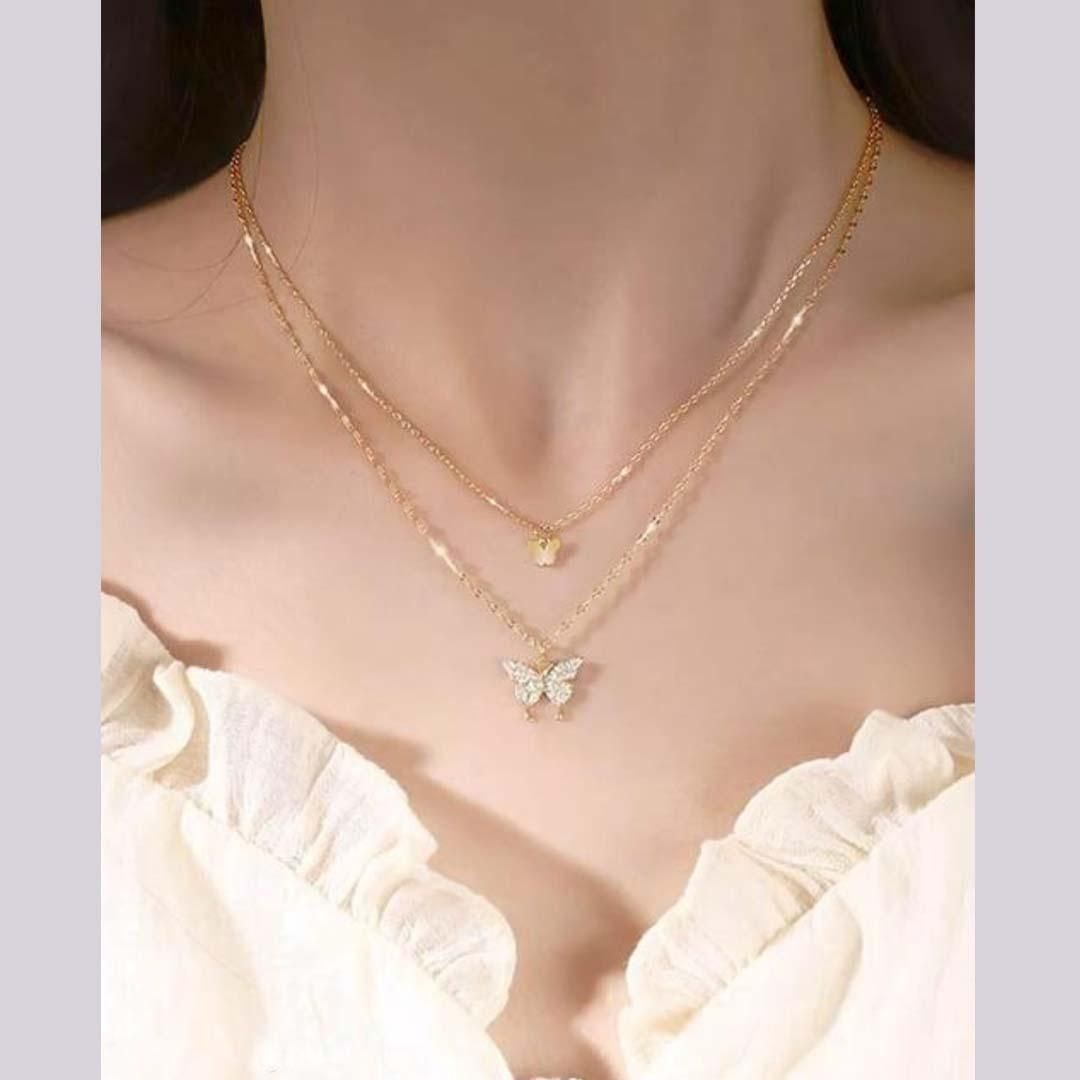 ✨ Zircon Butterfly Double Layer Necklace - Gold 🦋