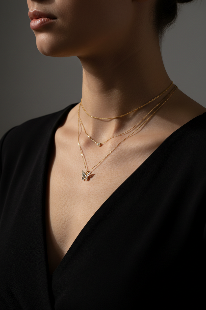 ✨ Zircon Butterfly Double Layer Necklace - Gold 🦋
