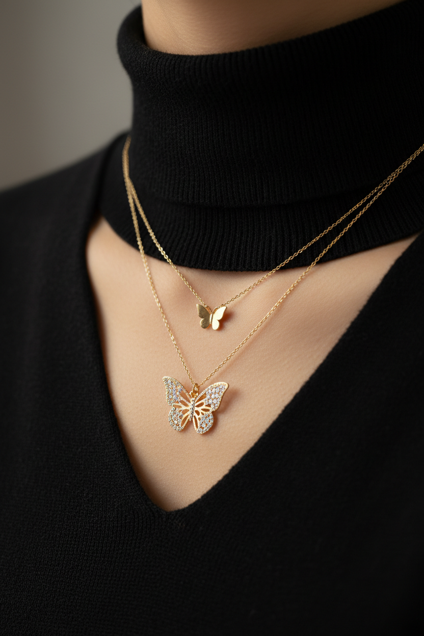 ✨ Zircon Butterfly Double Layer Necklace - Gold 🦋