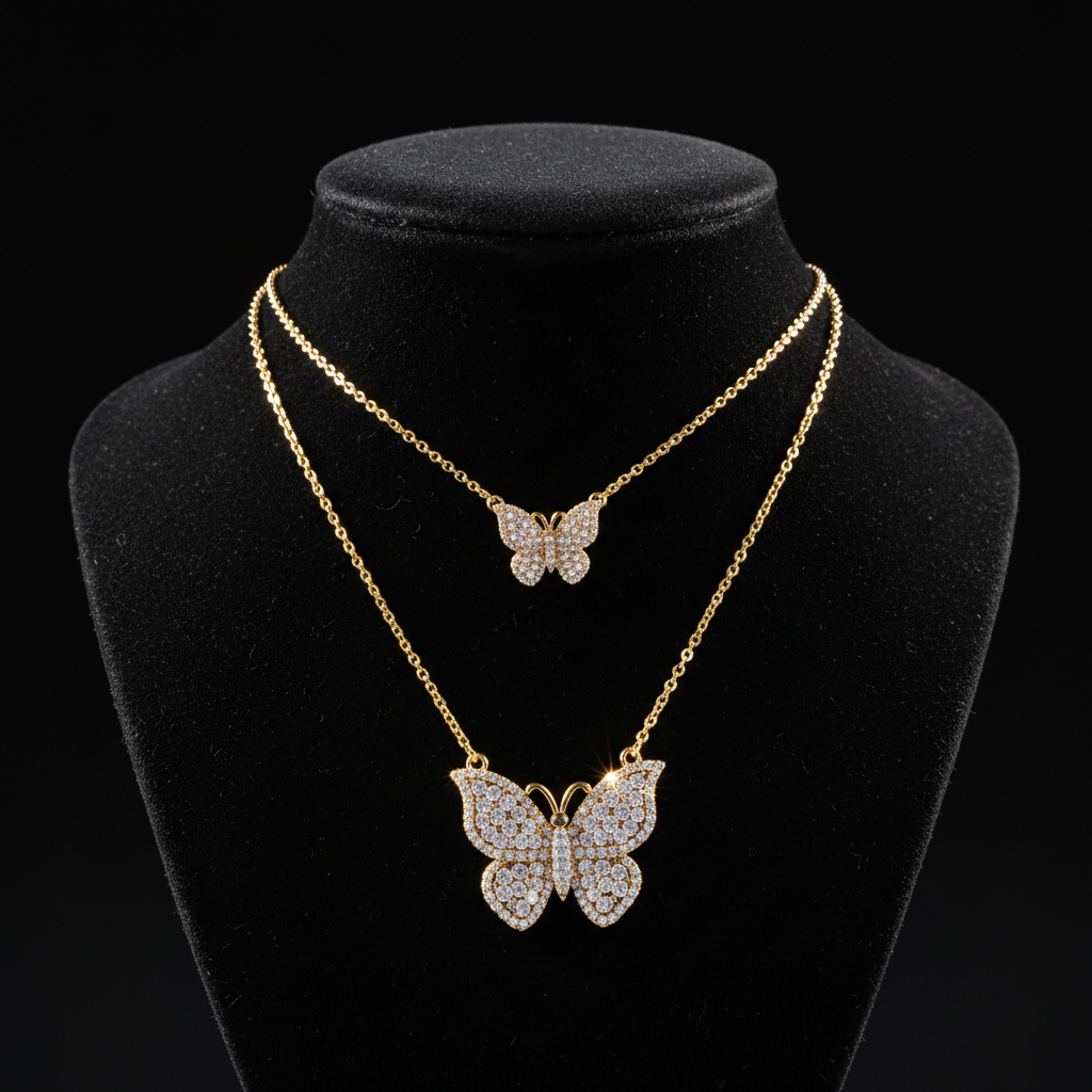 ✨ Zircon Butterfly Double Layer Necklace - Gold 🦋
